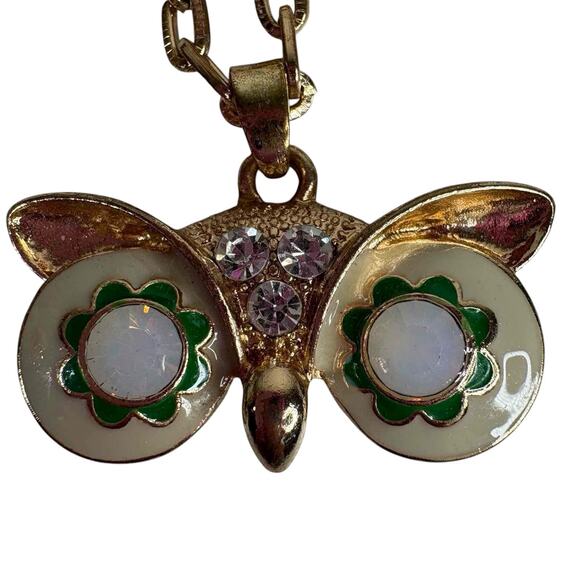 Vintage Owl Pendant Necklace Gold Tone – Enamel Faux Opal Eyes Retro Statement - Picture 2 of 5